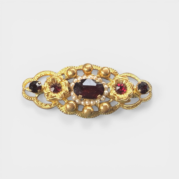 Vintage Czech Garnet Glass Brooch Seed Pearl Filigree Bar Pin Bohemian Jewelry - Picture 4 of 7